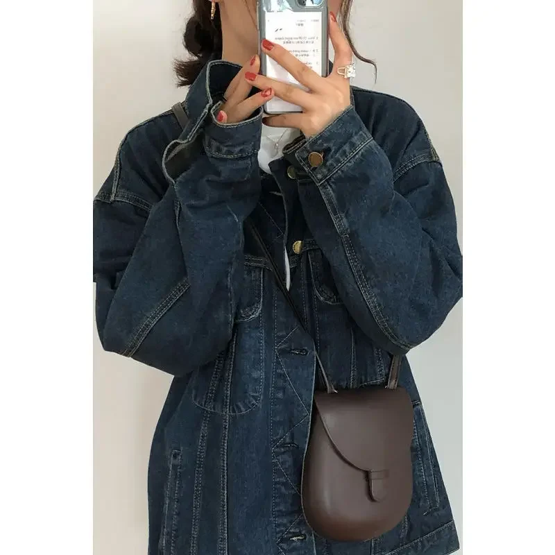 Autumn and winter jacket washed denim cotton loose retro water blue lapel double pocket jacket main image 0