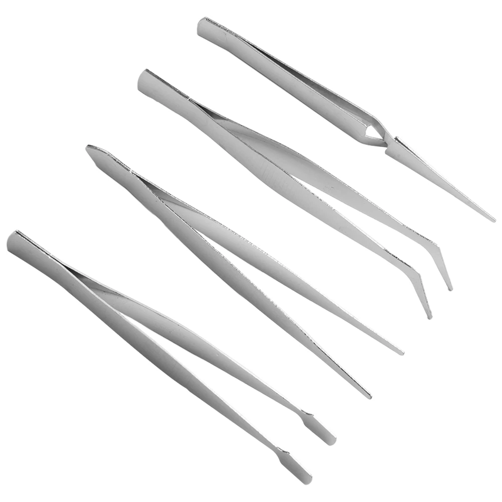 

4 Pcs Tweezers Combination Pliers Thickened Stainless Steel Dressing Straight Bent Clip Repairing Tools For Parts Gripping