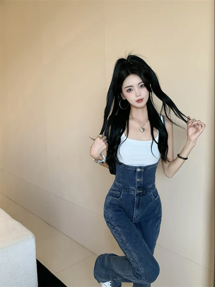 Slim Wide-Leg Flare Jeans Spaghetti Straps Single-breasted Denim Jumpsuit Fashionable High Street Autumn Women\'s Trousers