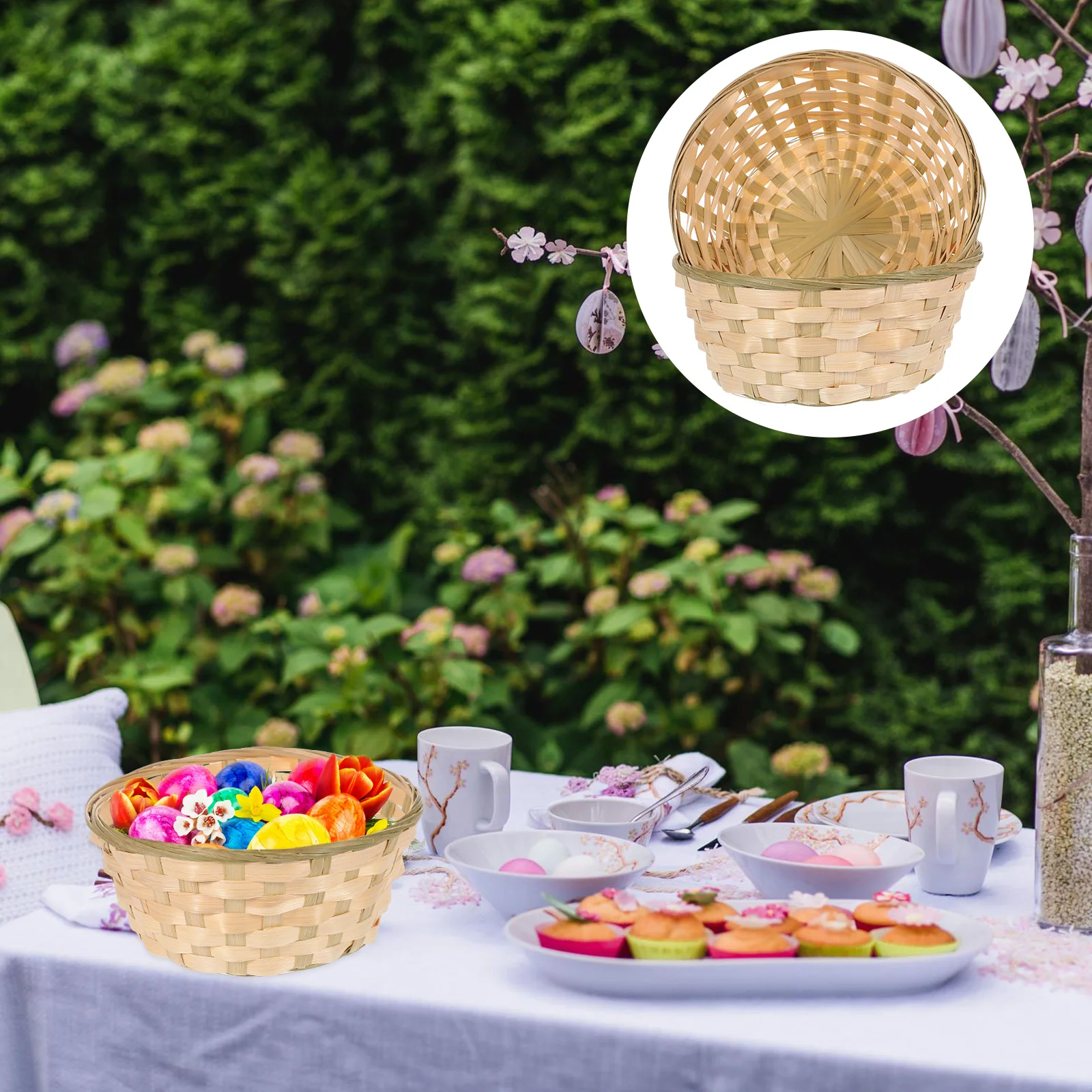 

2 Pcs Round Bamboo Basket Woven Egg Desktop Easter Holder Wicker Storage Baskets Rattan
