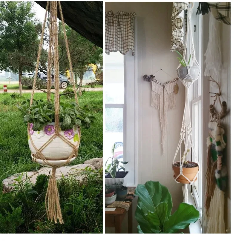 Macrame Hemp Rope Plant Hanger Basket for Home Garden Decoration