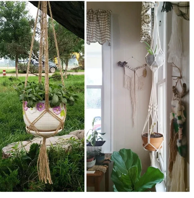 Macramé hecho a mano de cuerda de cáñamo para colgar plantas, cesta tejida  para colgar Flores, maceta para colgar en la pared, maceta para decoración  del jardín del hogar - AliExpress