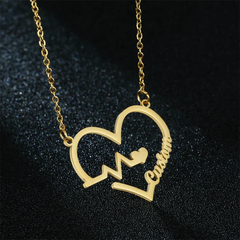 

Hollow Stainless Steel Heart Pendant Custom Name Necklace Jewelry Gift for Women Personalized Name electrocardiogram Necklace