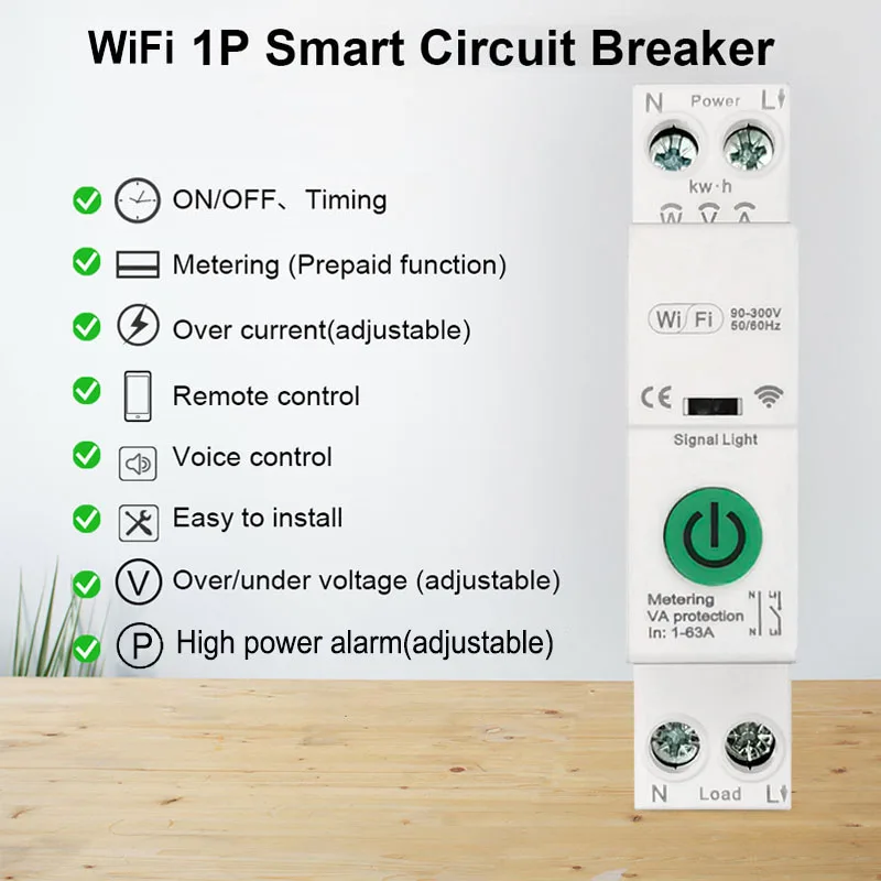 Tuya Smart Life WiFi 63A Timer Circuit Breaker Overload Protect App Power Monito
