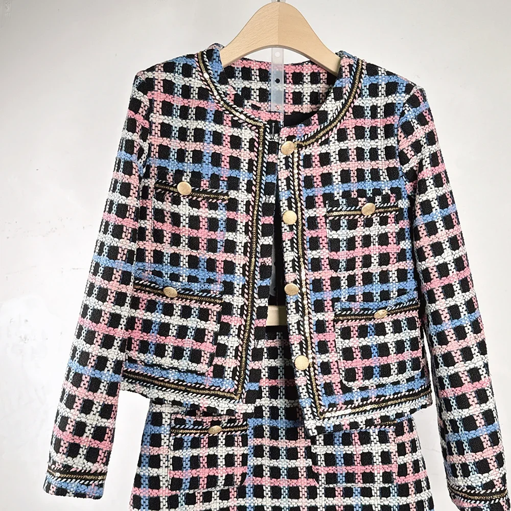 Women French Vintage Plaid Long-sleeved Coat + Mini Skirt Tweed Suit Casual Chic High Quality Small Fragrance Two-piece lady Set