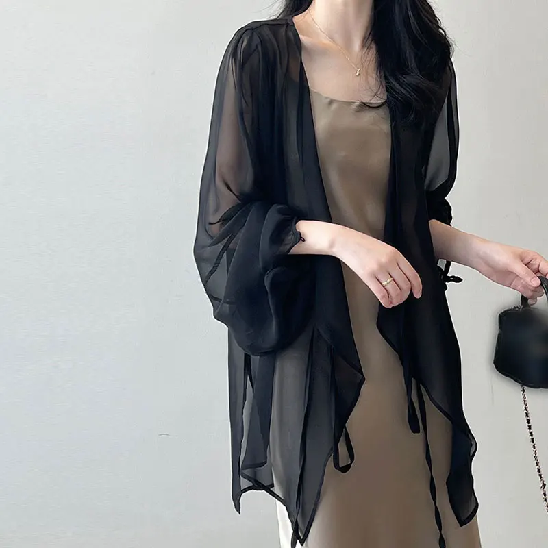 Women Elegant Transparent Chiffon Cardigan Blouse Summer Casual Loose Shirts Jacket Thin Coats Long Sleeve Sunscreen Tops Shawl sunscreen ice silk scarf scarves wrap fashion the big beach towel women printed thin micro through air conditioning shawl 180cm