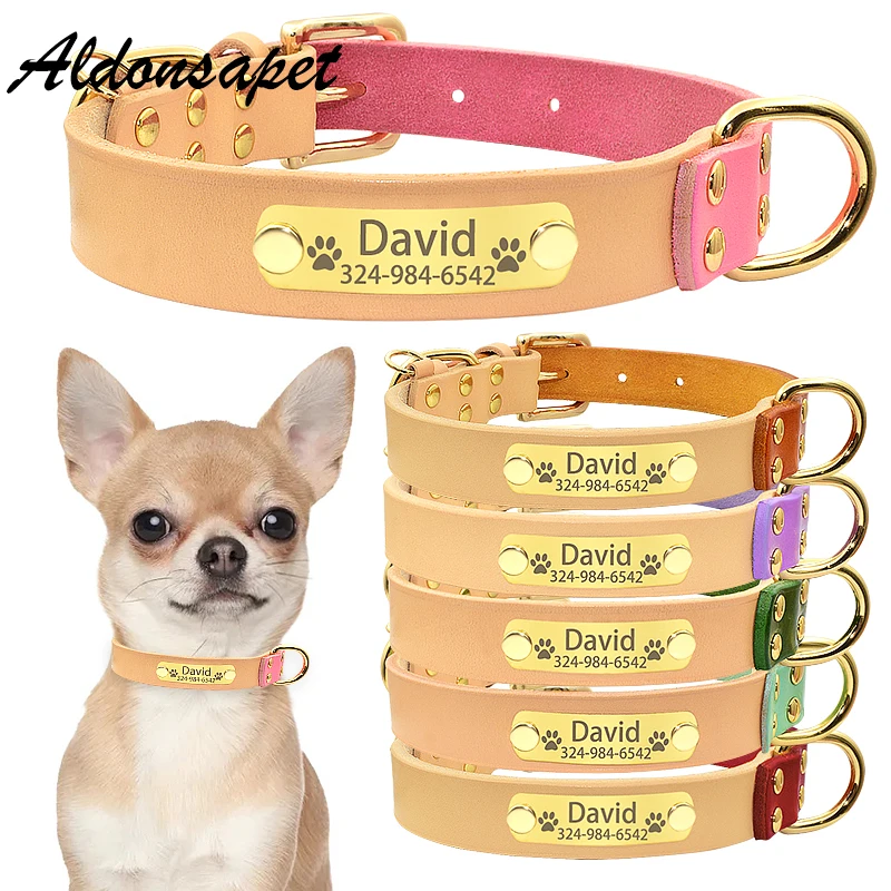 

Personalized Genuine Leather Dog Name Collar Custom Engraved Durable Cowhide Nameplate Pet Dog Collar For SmalL Medium Large Dog
