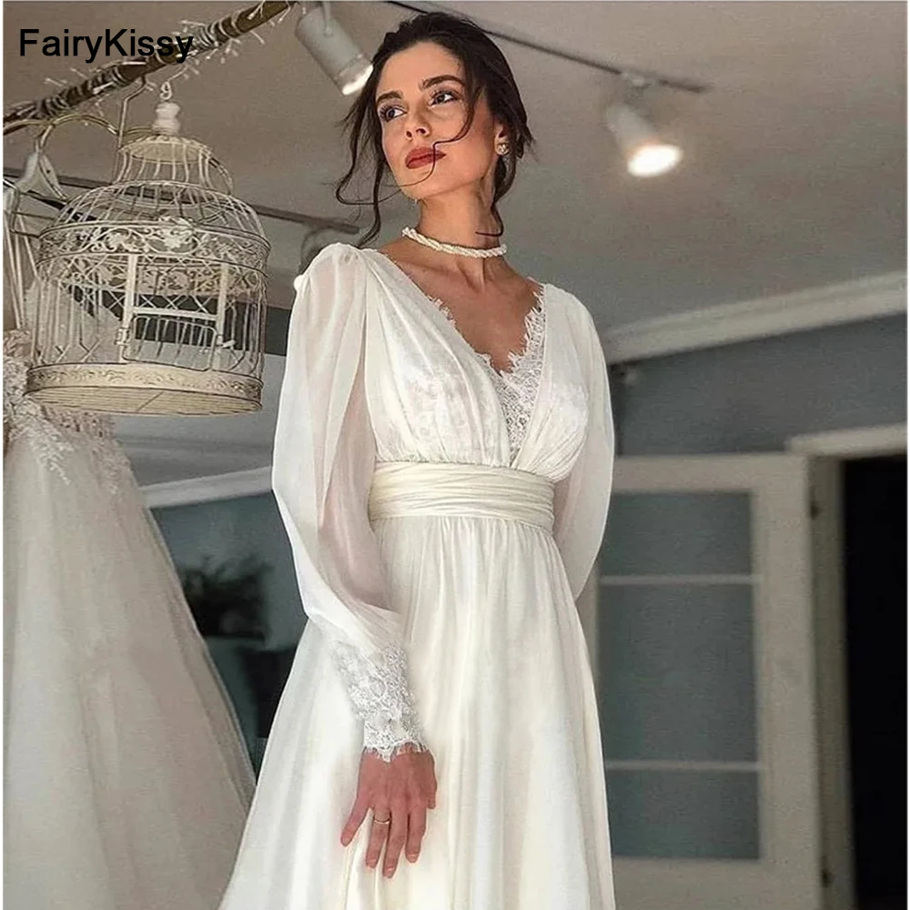 

FairyKissy Boho Wedding Dresses Long Puff Sleeves Bridal Gowns V-Neck Backless Sexy Robes For Bride 2024 Vestidos De Novia