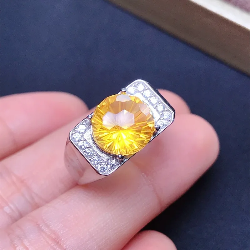 

Citrine Ring 925 Silver Men's Ring Natural Gemstone Wedding Ring with Certificate Adjustable Size 10mm