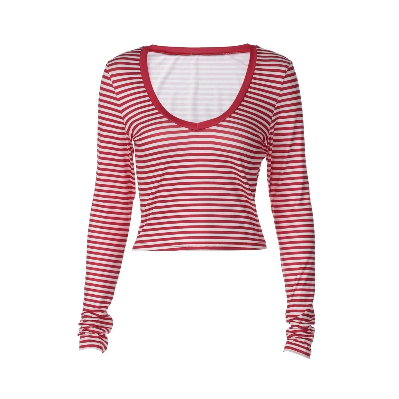 New Fashion Women's V-neck Striped Slim-fitting Long-sleeved T-shirt Elegant Short Versatile Sexy Women's Top Casual Blouse