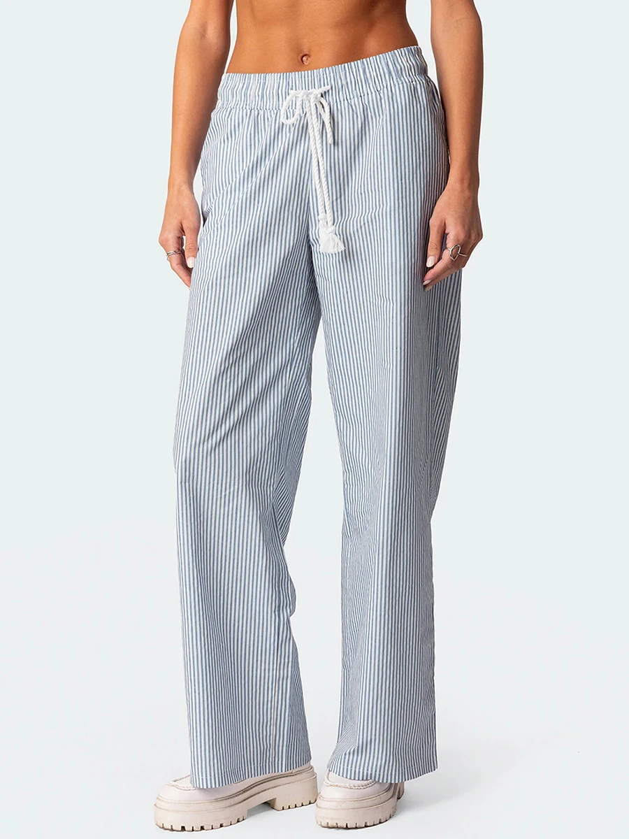 

Women Pinstriped Lounge Pants Y2k Drawstring Elastic Waist Wide Leg Relaxed Pants Striped Pajama Pants