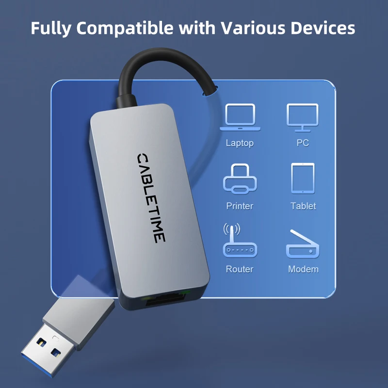CABLETIME 2.5G 2500Mbps USB 이더넷 어댑터-LAN 네트워크 RJ45 알루미늄 기가비트 USB A 이더넷(Dell MacBook 노트북 USB-A/C용)