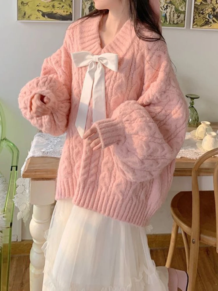Knit Pullovers Pink Sweater Autumn Winter New Jumpers V Neck Pullover Cute Sweater Kawaii Women s
