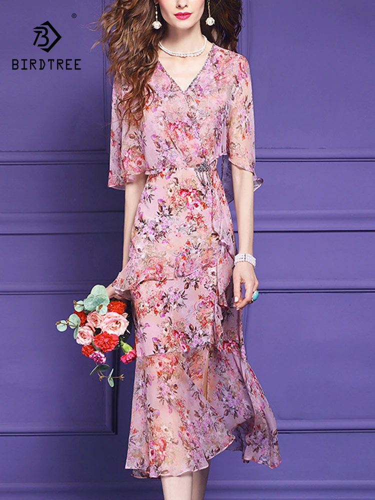 

BirdTree, 100%Real Silk Elegant Dresses, Women Flying Sleeve V Neck Floral, Vacation Bead OL Dress, 2024 Summer Autumn D47458QC