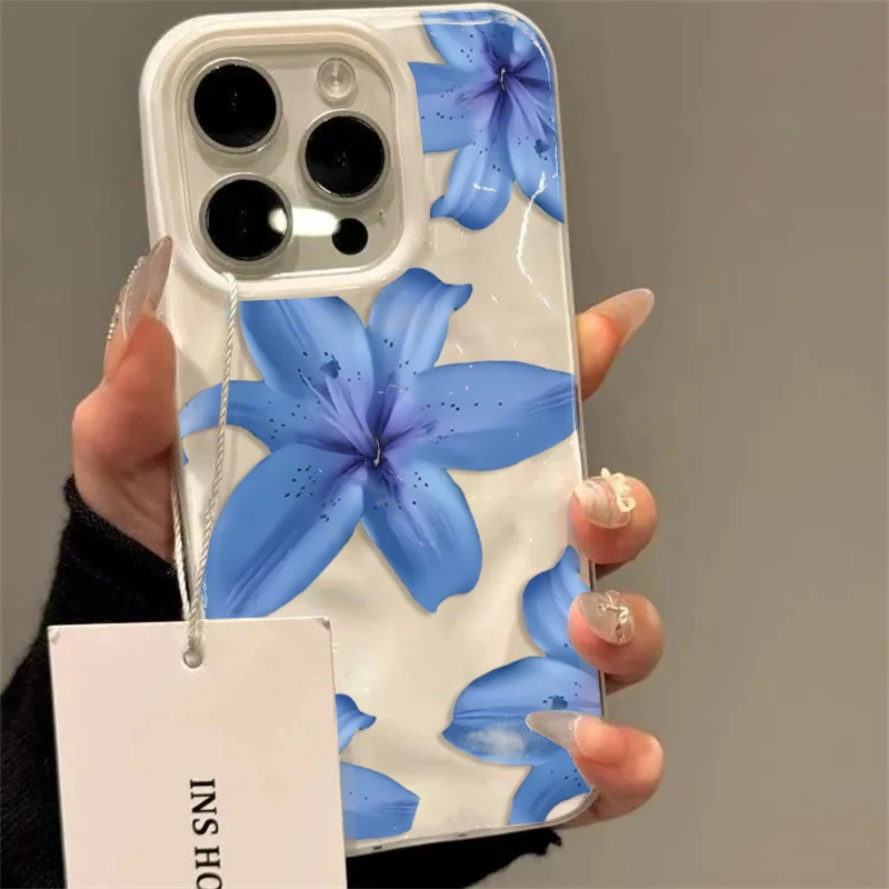 Blue Lily Flower Elegant Pattern Shockproof Soft Phone Case Cover