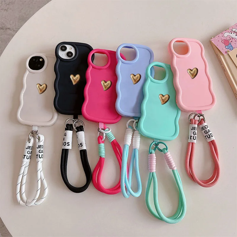 Gold Heart 3D Lanyard Rope Phone Case - Soft Cover