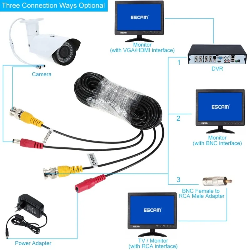 ESCAM 10 ~ 60M CCTV DVR sistema di registrazione della telecamera cavo Video cavo BNC di sorveglianza di sicurezza di alimentazione cc