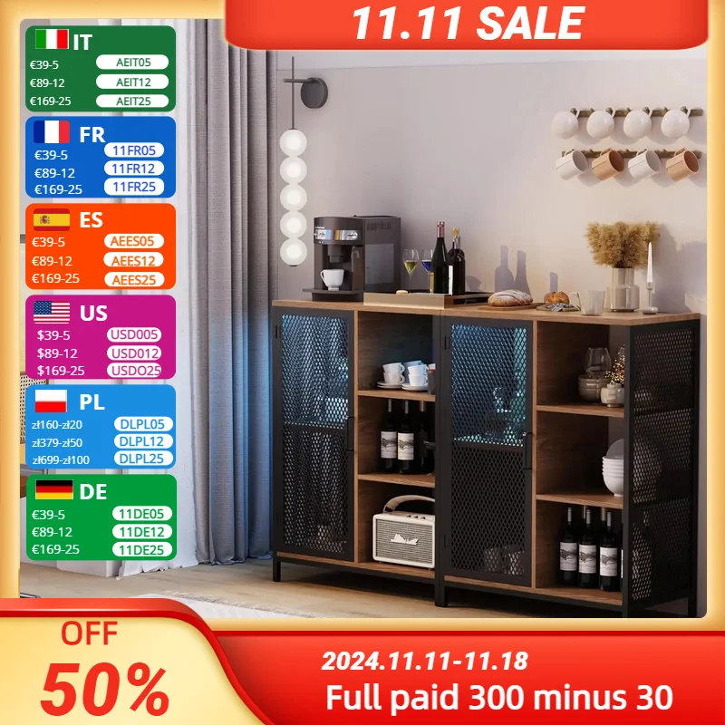 Redlife Coffee Bar Cabinet Small Liquor Cabinet w/ LED Light Charging Station Storage Farmhouse Buffet Sideboard for Dining Room