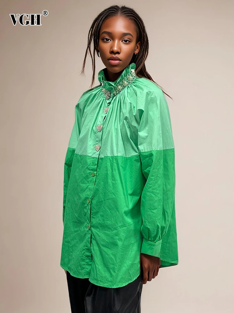 

Женская однобортная блузка VGH, Повседневная Свободная блузка составного кроя с воротником-стойкой и длинным рукавом, со стразами, в стиле пэчворк