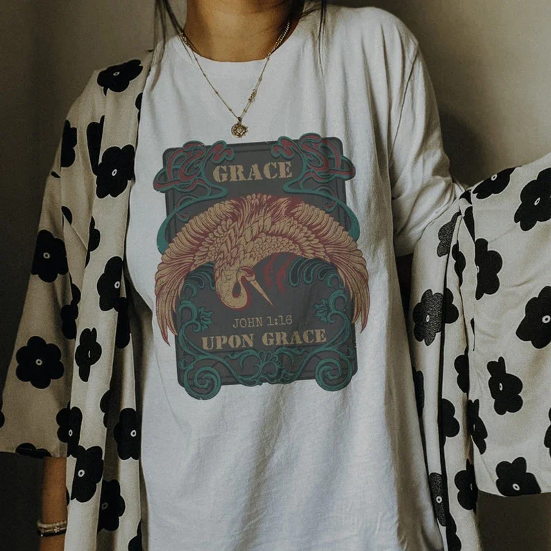 

Grace John 1:16 Upon Grace футболка со слоганом женская верхняя одежда с коротким рукавом, винтажная одежда в стиле бохо, футболки на заказ