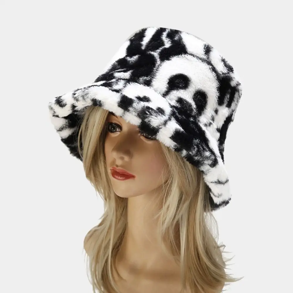 

Faux Fur Warm Bucket Hat Fashion Cartoon Panda Print Fluffy Winter Cap Women Men Outdoor Fisherman Hats