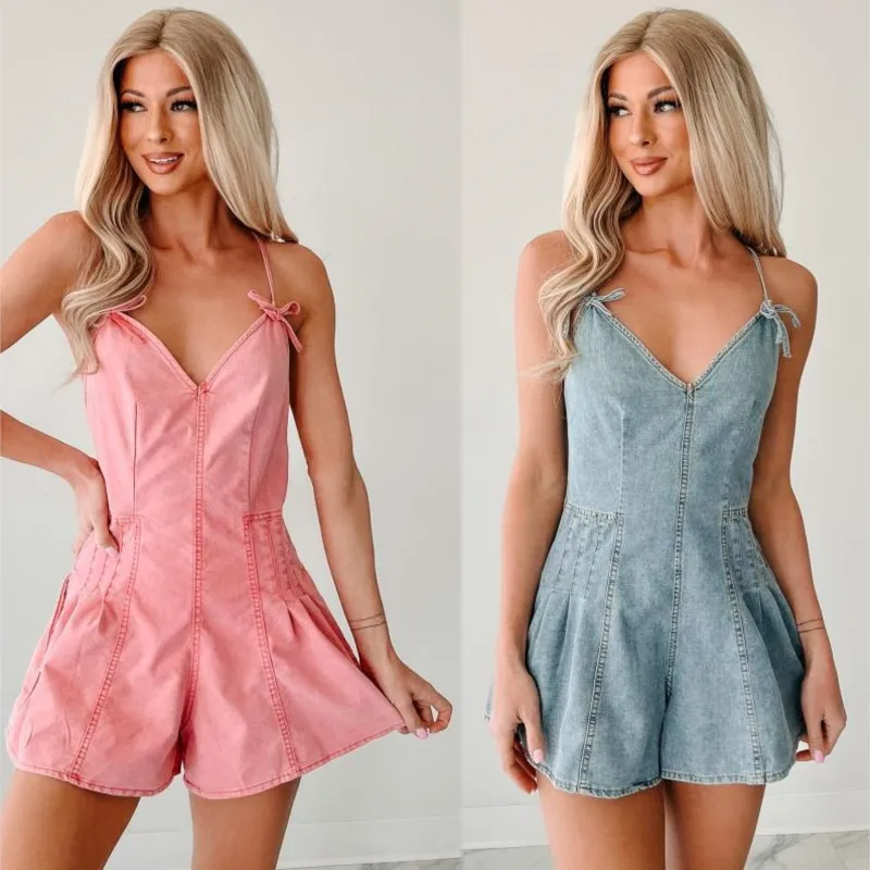 Summer Women's Cowboy Suspender Playsuits Butterfly Bow Backless Loose Short Jumpsuit For Women Casual Solid Wide Leg pants 1