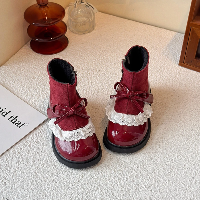 New Girls Platform Ankle Boots Wine Red Bowknot Children Fashion Princess Boots Wedding Party Kids Causal Short Boots Hook Loop