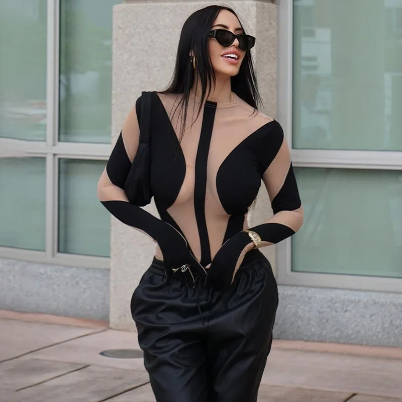 

Tight Fitting Woman Rave Club Outfits Transparent Mesh Patchwork Sexy Bodysuit Women O-Neck Long Sleeve Body Top With Gloves