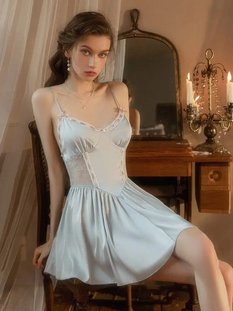 

Senior sense of silky smooth ice silk halter nightgown pure desire wind loungewear sexy pajamas female summer nightgown