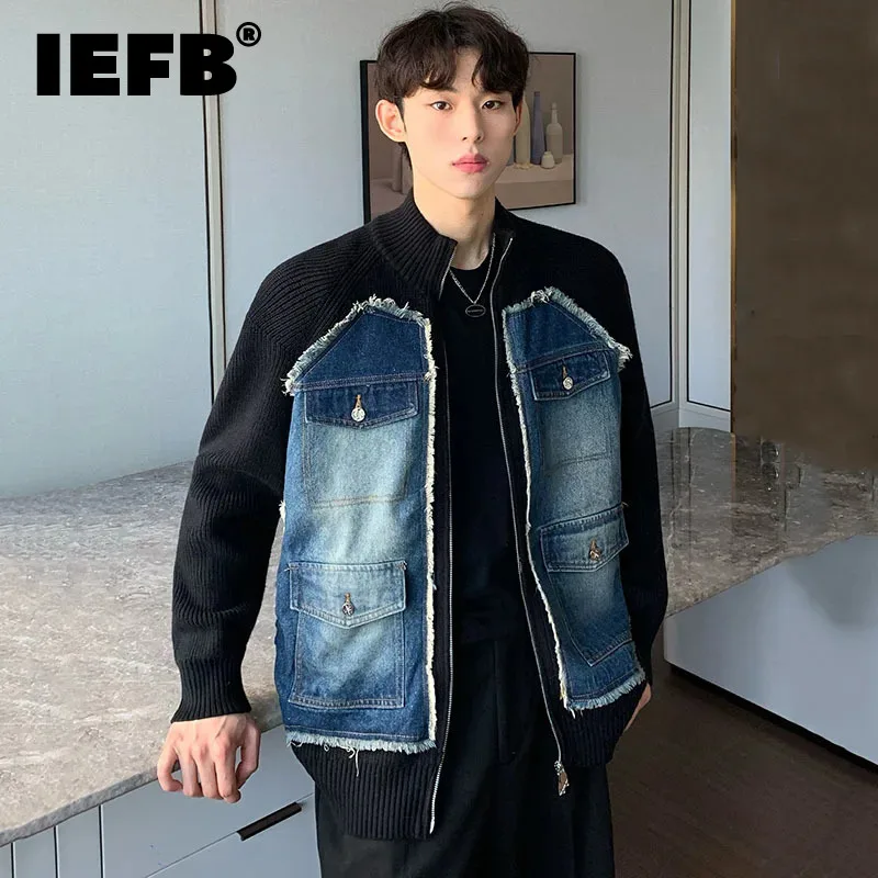 

Утепленный мужской свитер IEFB, кардиган, нишевой дизайн, на молнии, пэчворк, джинсовые мужские вязаные куртки, оригинальный Весенний Новый 9C4348