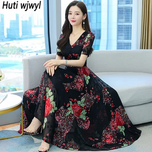 Women Black Print Chiffon V-Neck Sexy Dress Summer Short Sleeve Boho Beach Sundress 2024 Vintage Casaul Chic Party Maxi Vestidos