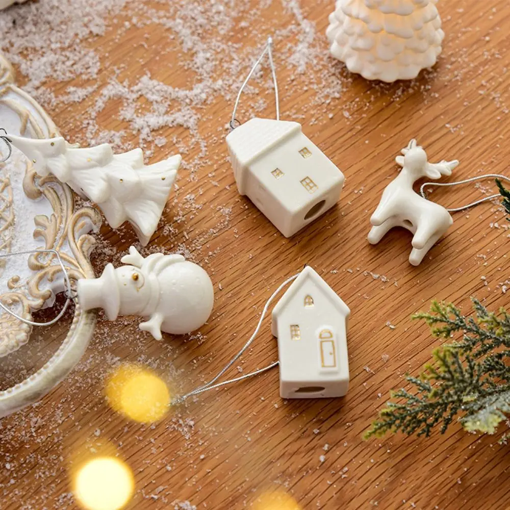 Ceramic Crafts Christmas Ceramic House Pendant Scene Layout Home Decor New Year Party Decoration Gifts Hollow out Snow House