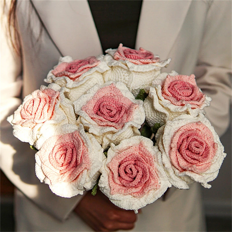 

Thailand Rose Bundle Finished Handmade Woolen Hook Weaving Imitation Eternal Flower Creative Gift Gradient Woolen Flower