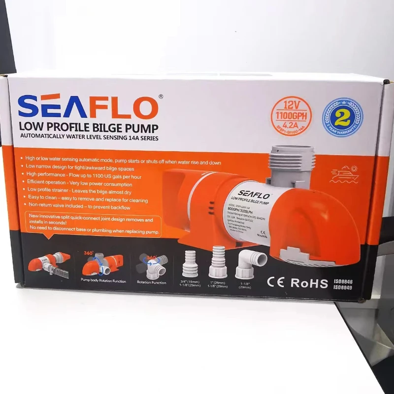 SEAFLO 빌지 펌프, 자동 보트 해양 워터 펌프, 로우 프로파일, 12V, 1100GPH