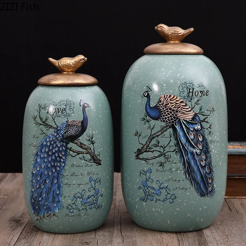 

Creative Peacock Pattern Ceramic Storage Jar Coffee Bean Tea Candy Sealed Jar with Lid Desktop Bookcase Furnishings Home Decor