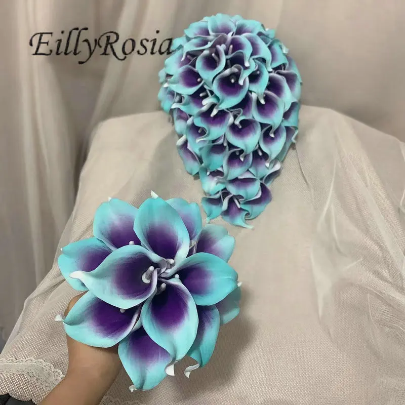 

EillyRosia Каскадный свадебный букет, свадебные цветы, искусственные синие и фиолетовые настоящие на ощупь каскадные лилии, набор цветов для подружки невесты