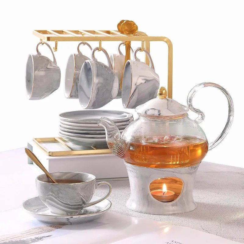 Small Tea Set of 6, Handcraft Golden Trim, Porcelain Tea Pot Set for Kids&Adults, 1 Glass Teapot(22oz), 6 Cups(4oz), 6 Saucers