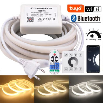 투야 와이파이 디밍 가능 AC 220V COB 네온 라이트, 블루투스 288, IP65 방수 패널 제어, 유연한 리본 테이프, LED 스트립