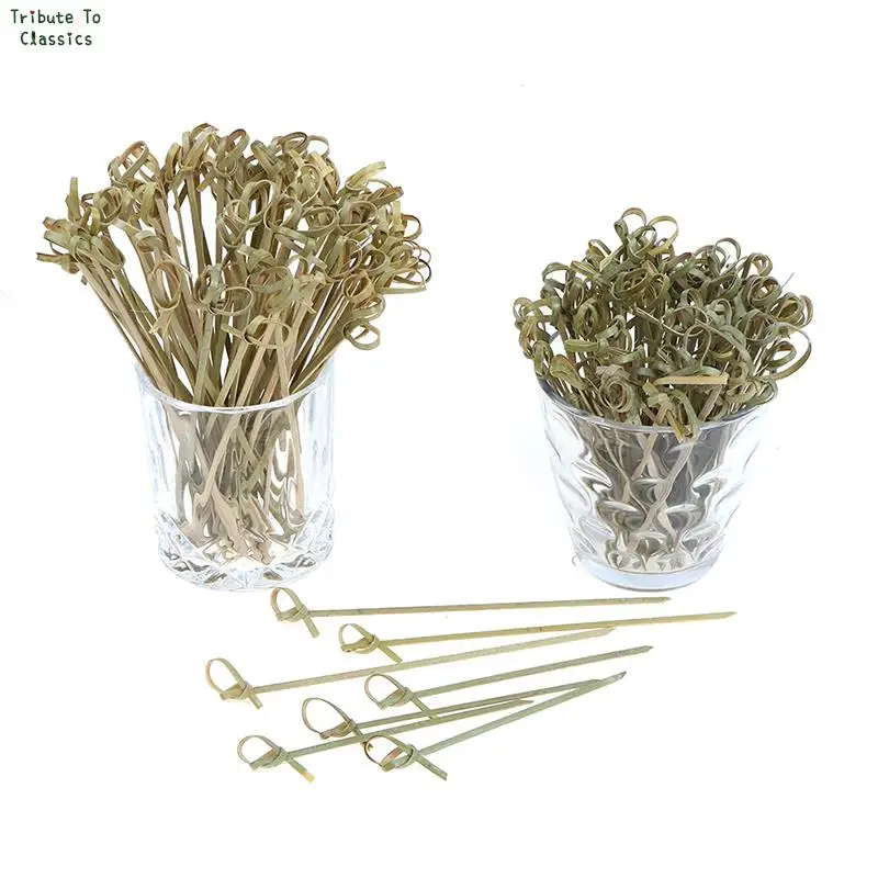 Food Picks 100Pcs Disposable Bamboo Tie Knotted Skewers Twisted Ends Cocktail Food Fruit Fork Sticks Buffet Cupcake Topper