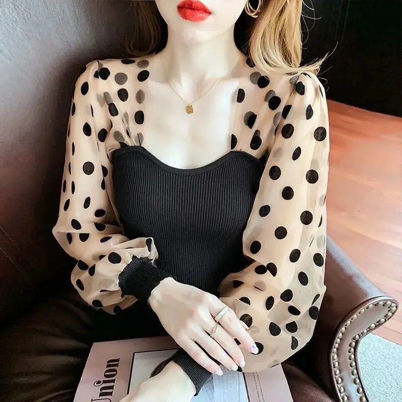 Fashion Printed Spliced Gauze Polka Dot Blouse Women's Clothing 2023 Spring Summer New Casual Pullovers Lantern Sleeve Shirt