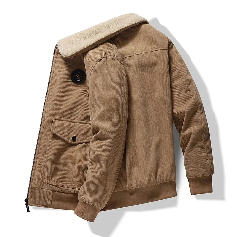 Autumn Winter Men Warm Fleece Warm Thick Jackets Coats Men Fashion Fur Collar Corduroy Military Casual Jacket Coat Male