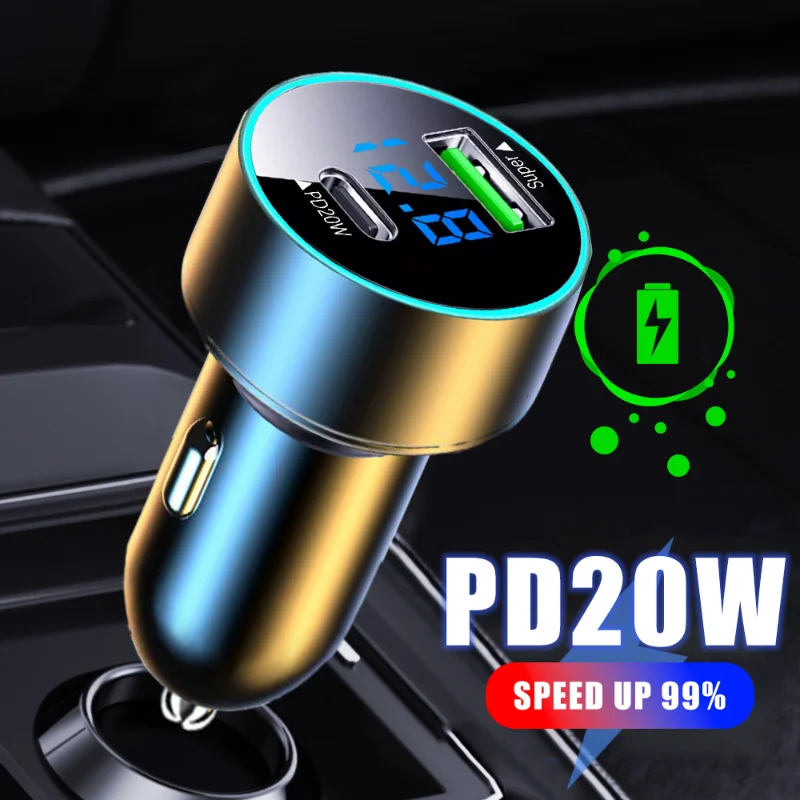 

12-24V PD 20W Car Charger Super Fast Charge Adapter Type C Dual Port USB Phone Charger Aluminum Alloy Battery Charging Units