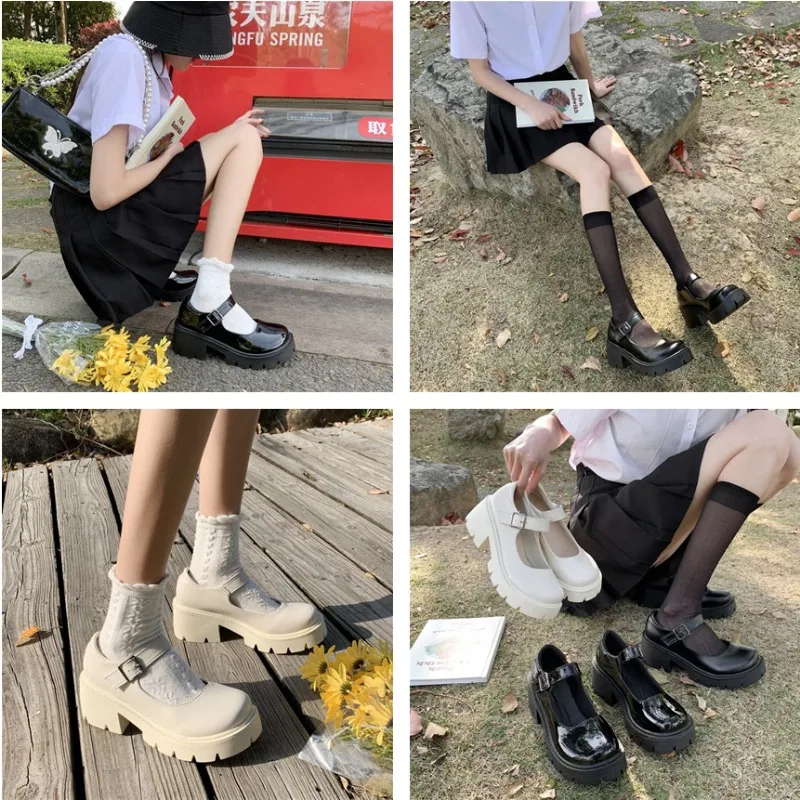 Mary Jane Little Leather Shoes New Thick Sole Women's Shoes Spring and Autumn Versatile High Heel Single Shoes Platform Heels