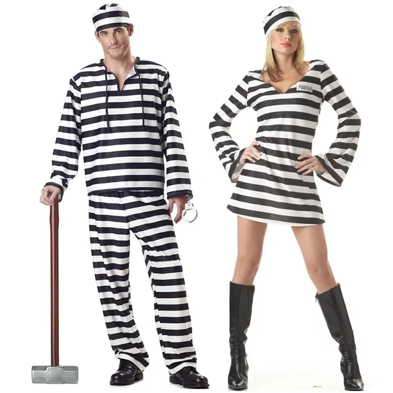 

Halloween Carnival Party Prisoner Costume for Men Women Black White Stripe Violent Prisoner Costumes Cosplay Fancy Dresses Set