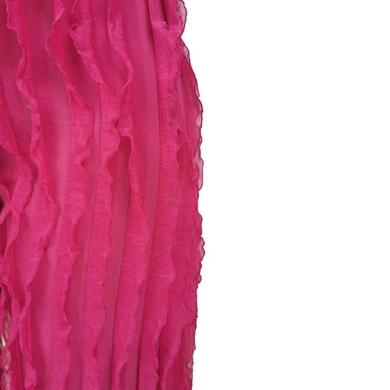 2024 Spring/Summer Women's Loose High Waist Wide Leg Pants with Mesh Wave Pattern Ruffle Edge