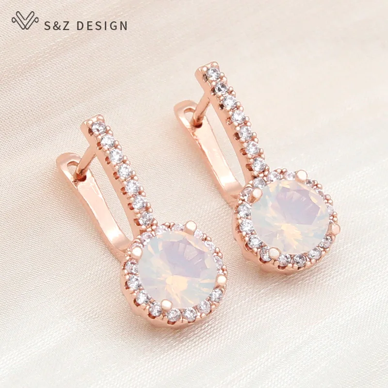 S&Z DESIGN New Fashion 585 Rose Gold Color Round Crystal Dangle Earrings For Women Wedding Jewelry Cubic Zirconia Eardrop