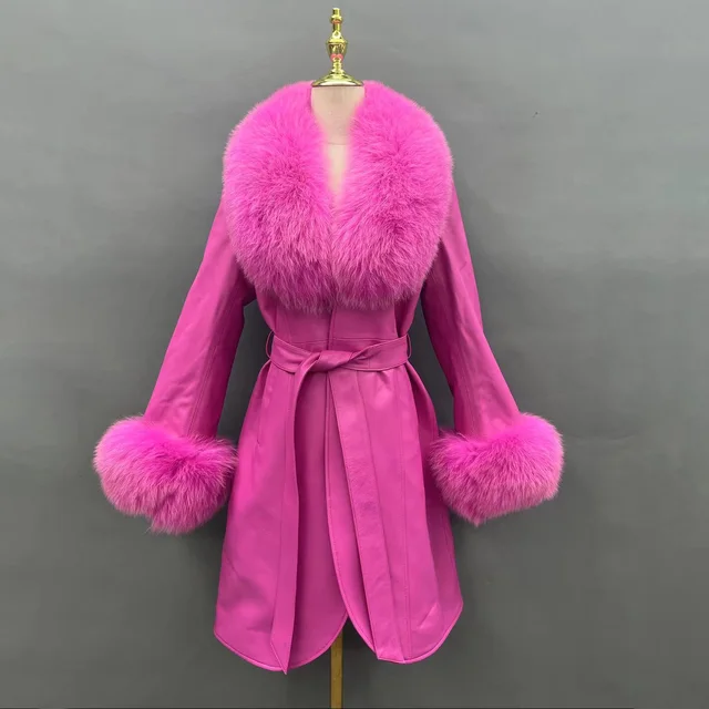 Leather Jacket Pink Coat With Fur Collar And Cuffs JANEFUR