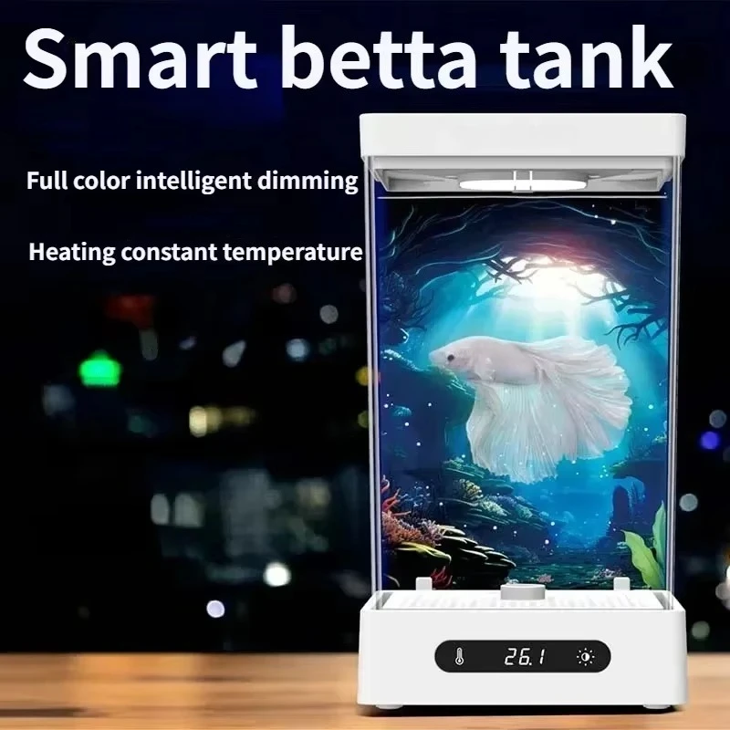 Acuario Pequeño Betta Inteligente para Escritorio con Calentador Termostático Luz LED Regulable Lámpara de Noche