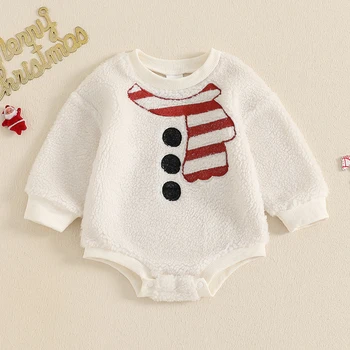 Baby Girls Boys Christmas Romper Autumn Winter Long Sleeve Crew Neck Embroidery Scarf Fleece Jumpsuit for Newborn Infants 1