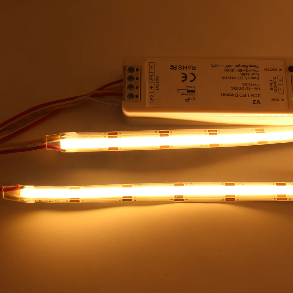 COB CCT LED-Lichtleiste, 12 V, 24 V DC, 608 LEDs, dimmbar, hohe Dichte, flexibel, FCOB 10 mm, Ra90, 2700 K bis 6500 K, lineare Bandleuchten, 1–5 m – Detail 13